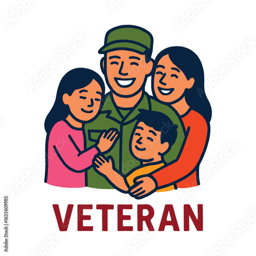 Happy Veteran with Family Cartoon Illustration

