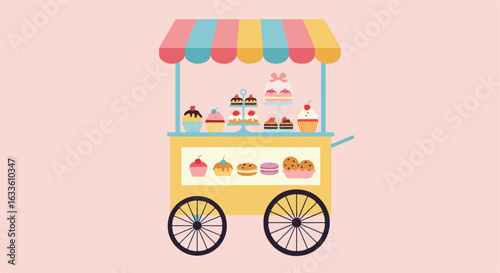 Cartoon cake cart with striped awning on pastel background