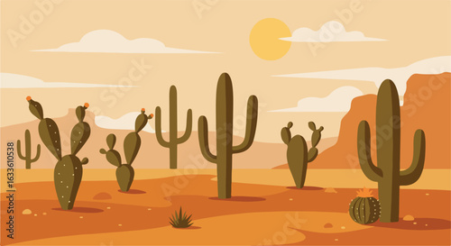 Desert landscape with cacti, mountains, sun, & clouds in tan, orange, green tones