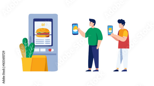 Order fast food online with mobile app at self service kiosk for restaurant and contactless payment concept