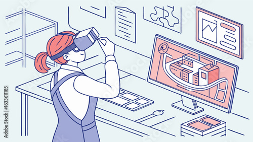 Woman using vr headset for virtual reality architecture design and 3d modeling on computer screen view