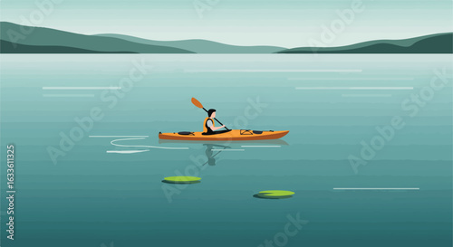 Person kayaks on blue lake, lilypads float; mountains in distance, serene scene