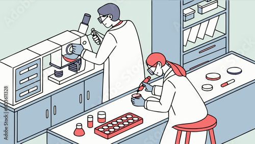 Illustration of medical research laboratory with scientists microscope and lab equipment for science research