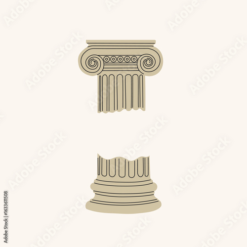 Greek antique architecture element. Column capital, classic Ionic order design. Historic marble pillar. Flat vector illustration isolated on white background.