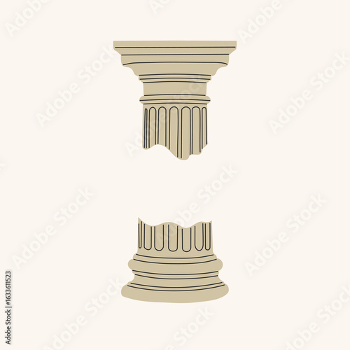 Greek antique architecture element. Column capital, classic Doric order design. Historic marble pillar. Flat vector illustration isolated on white background.