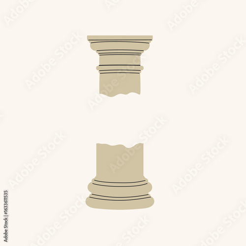 Roman antique architecture element. Column capital, classic Tuscan order design. Historic marble pillar. Flat vector illustration isolated on white background.