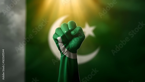 A dramatic image of a clenched fist grasping the flag of pakistan.generative.ai