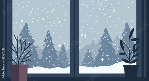 Snowy window with trees and houseplants