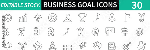 Collection of business success linear icons. Includes target, process, strategy, human resource, action plan, achievement, and more. Editable stroke vector illustrations.