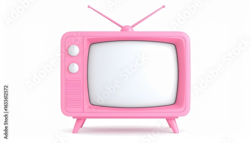 Vibrant Pink Retro Television with Antennae and Blank Screen for Mockup.
