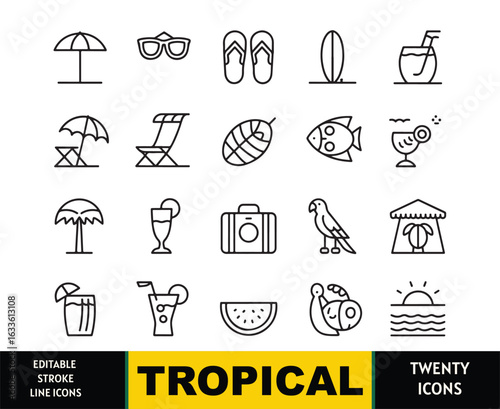 Collection of twenty black line art icons representing tropical vacation and beach elements beach umbrella 1
