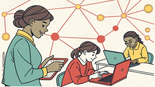 Teacher instructing students on laptops in classroom connecting to network education illustration