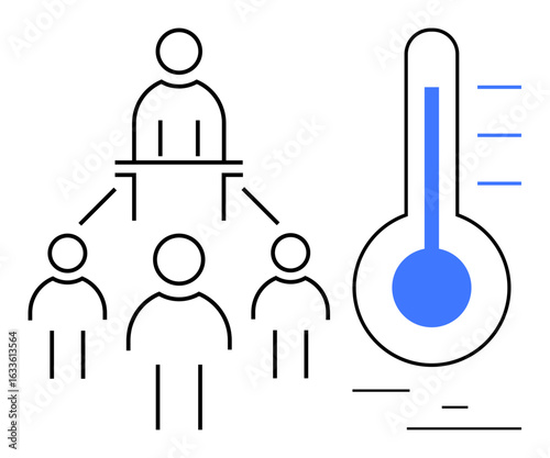 Leader overseeing team with hierarchical structure and blue thermometer symbolizing performance level. Ideal for leadership, teamwork, progress, motivation, results tracking, performance assessment