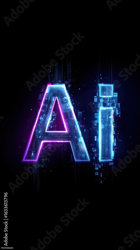 Bright neon display of AI letters illuminated against a dark background in a digital setting
