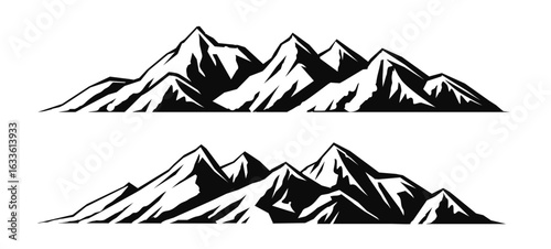 Mountain ranges silhouette. Rock climbing, hike symbol. Black and white vector illustration