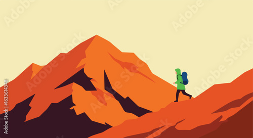 Hiker ascends warm-toned mountain under a light sky