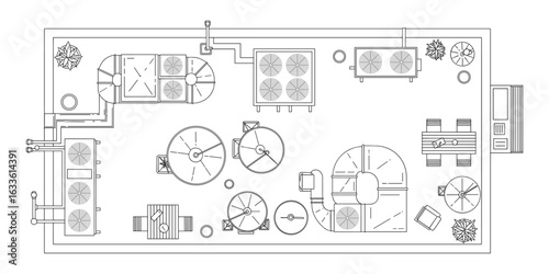 Detailed Top View Architectural Blueprint of an Industrial Facility or Rooftop Setup