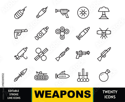 Collection of twenty editable stroke line icons depicting various weapons and military equipment pistol