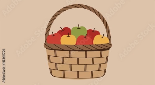 Woven basket filled with red, yellow, and green apples on a beige backdrop