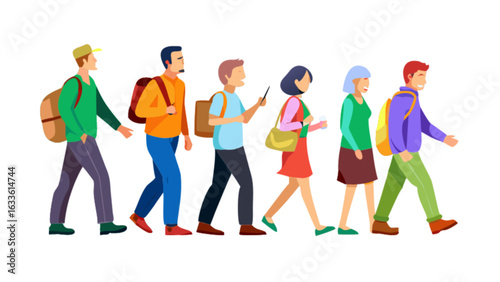Illustration of group of people walking together with backpacks and bags travel and tourism concept art