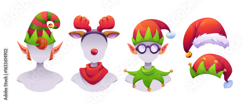 Christmas elf costume with festive accessories - striped hat, reindeer antlers headband, glasses with jester cap, Santa hats collection for holiday character design or party decoration props.