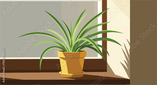 Potted leafy plant on window ledge with natural light from nearby window