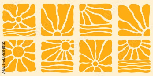 Boho groovy sun patterns with abstract yellow shapes and retro floral designs for vintage backgrounds or decorative wallpaper in bohemian style. Modern artistic elements for creative design work.