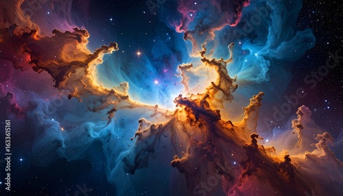 Luminous Heart of a Cosmic Nebula: Golden Pillars Amidst Azure Gas and Distant Stars.