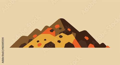 Stylized graphic mountain range in brown, gold, and orange, on tan background
