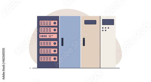 Server rack illustration with gray, blue, and beige lockers