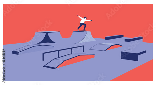 Skater on a ramp in a simplified park, minimalist design, coral/blue color palette