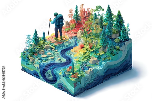 3D isometric icon illustration of a hiker with a backpack and walking stick standing on the top of a mountain in a forest,