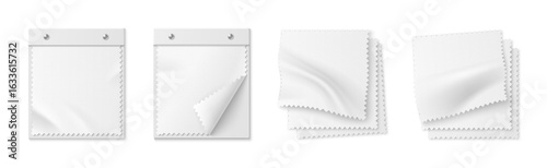 White fabric swatch mockup set of textile samples with zigzag edges. Blank canvas material pieces with folded corners for fashion presentation design catalogs or interior decoration portfolios.