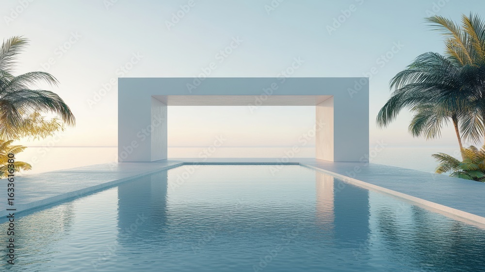 Fototapeta premium 3d background product display podium scene with leaf geometric platform,cloud and sky, palm shadows and white stone podium,Mockup for eco beauty cosmetic advertising,Copy space.