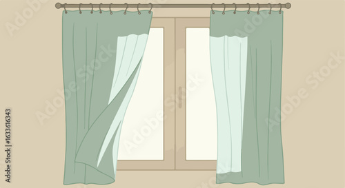 Window with pastel green curtains and a beige wall