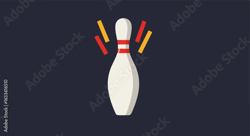 Isolated bowling pin with red bands and yellow/red highlights on a dark background
