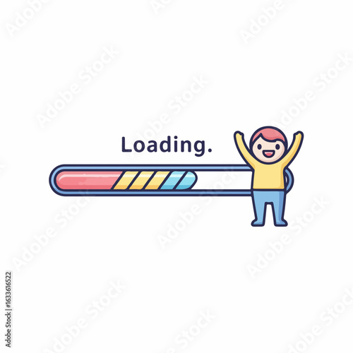 Excited person celebrating progress with a vibrant loading bar, symbolizing anticipation and achievement.