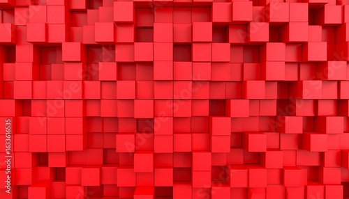 Dynamic Wall of Extruded Red Cubes Creating a Geometric Abstract Pattern.