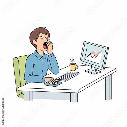Tired businessman yawning at desk with computer and coffee, feeling exhausted during work