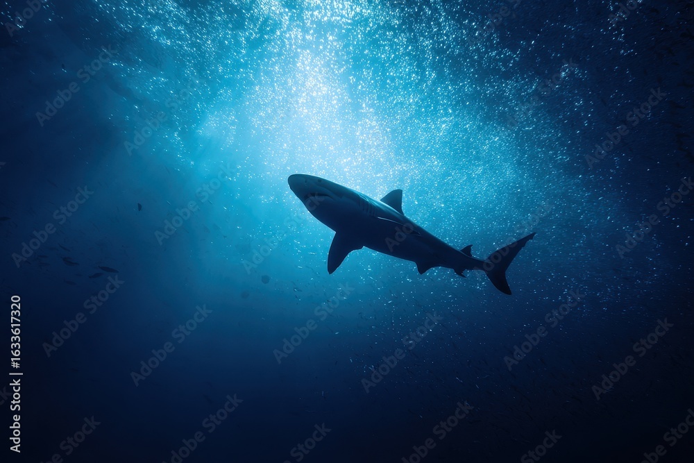 Fototapeta premium Swimming shark gliding gracefully through the deep blue ocean waters during a quiet underwater moment