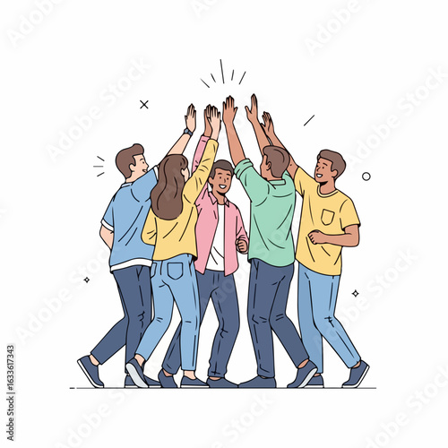 Vibrant group celebrating success with high fives, fostering teamwork and achievement in a dynamic setting.