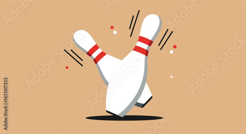 Stylized bowling pins strike with motion lines on a tan background