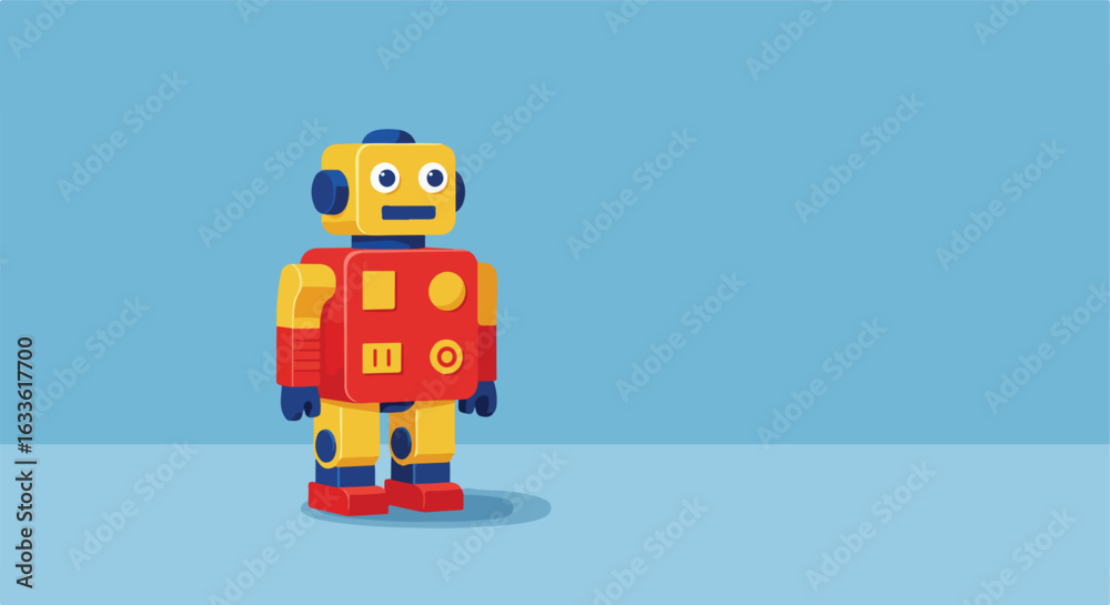 Fototapeta premium Red and yellow robot stands against a light blue background
