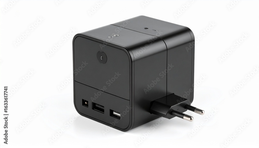 Fototapeta premium Stealthy Surveillance: Black USB Charger with Hidden Camera and EU Plug.