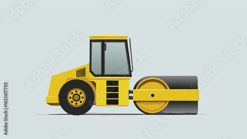 Illustration of a yellow road roller with a gray roller on a light gray background side view