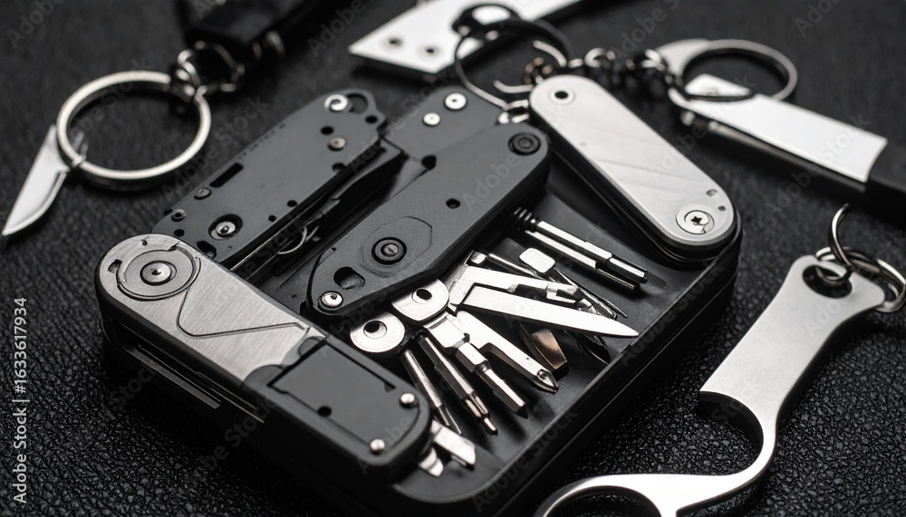 Fototapeta premium Sleek EDC Arsenal: A Detailed Collection of Modern Metallic Multi-Tools and Keychains on a Textured Black Surface.
