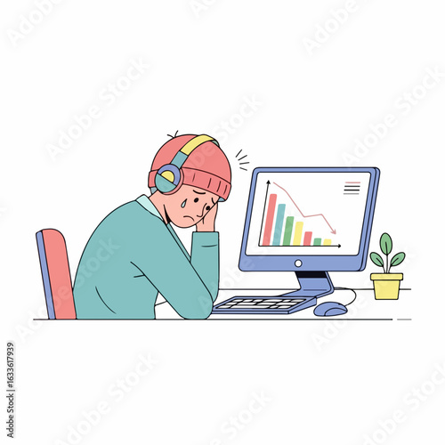 Frustrated person overwhelmed by declining business charts on computer screen, feeling stressed and defeated.