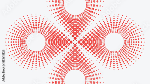 Abstract arrangement of red circles forming radial patterns and circular voids on white background