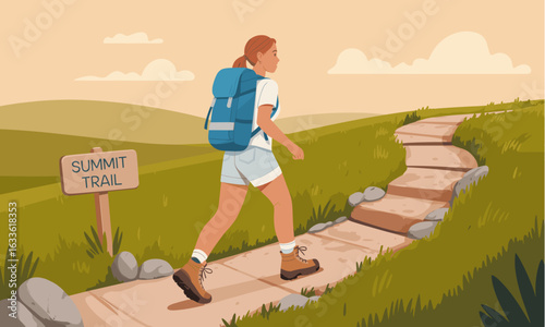 A young woman with a backpack hikes up a stone path on a sunny day, following the summit trail, enjoying the outdoor adventure and scenic landscape.