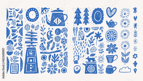 Assorted blue botanical and kitchen themed illustrations on a white background in a linocut style